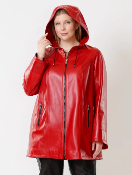 Кожаная женская куртка оверсайз с капюшоном 383, красная, размер 60, артикул 91310-6