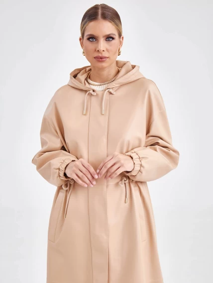 Женское кожаное пальто с капюшоном на молнии премиум класса 3033, бежевое, размер 44, артикул 63470-4