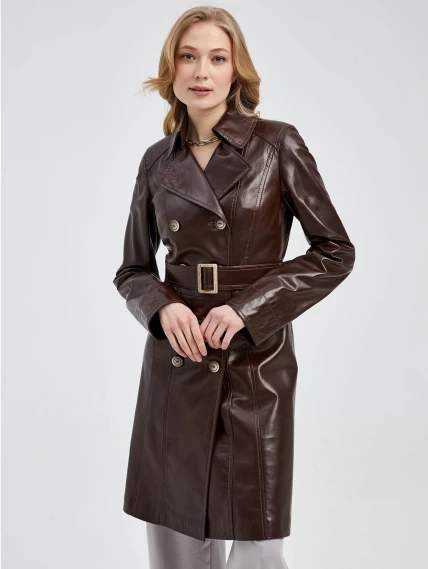 Двубортный кожаный женский френч с поясом 321, коричневый, размер 40, артикул 91660-1