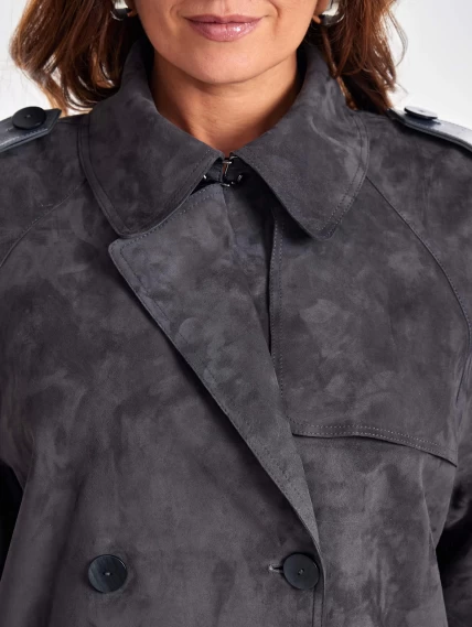 Замшевое двубортное женское пальто френч премиум класса 3070з, темно-серое, размер 44, артикул 63370-3