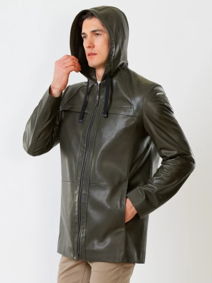 Удлиненная мужская кожаная куртка с капюшоном премиум класса 552, оливковая, размер 48, артикул 28760-1