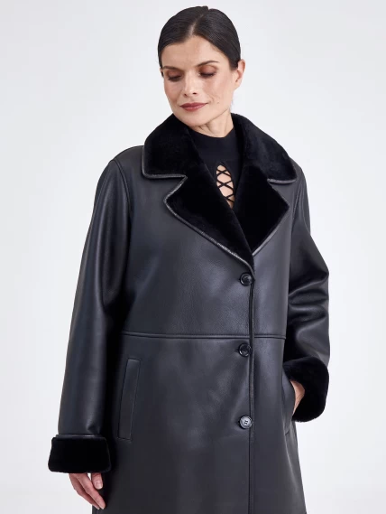 Классическое пальто из натуральной овчины с поясом премиум класса для женщин 2009, черное, размер 46, артикул 63730-6