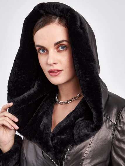 Кожаное пальто зимнее женское 394мех, с капюшоном, черное, размер 46, артикул 91870-4