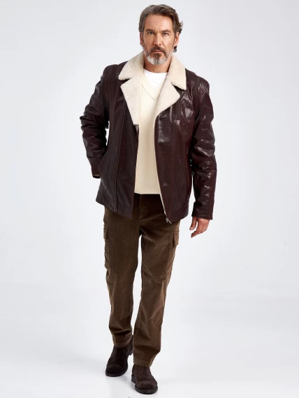Кожаная зимняя мужская куртка на подкладке из овчины 5362, коричневая, размер 50, артикул 40540-6