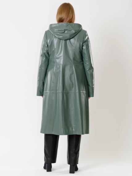 Кожаное женское утепленное пальто с капюшоном премиум класса 380нш, оливковое, размер 48, артикул 25640-5
