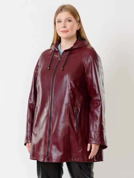 Кожаная женская куртка оверсайз с капюшоном 383, бордовая, размер 50, артикул 91300-0