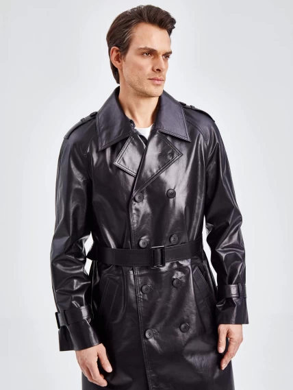 Двубортное мужское кожаное пальто премиум класса 553, черное, размер 56, артикул 71340-3