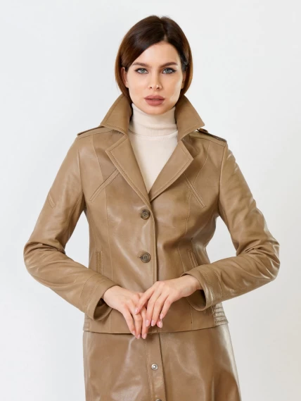 Короткий кожаный пиджак премиум класса для женщин 304, серо-коричневый, размер 44, артикул 23630-1