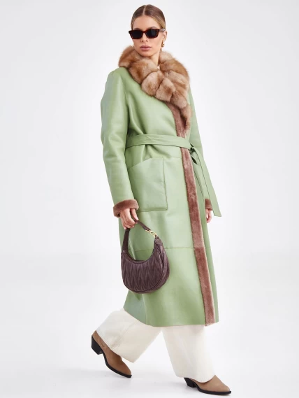 Женское пальто с воротником из меха куницы премиум класса 2007, оливковое, размер 46, артикул 63670-4