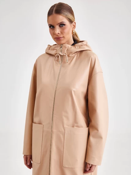 Кожаное женское пальто с капюшоном на молнии премиум класса 3034, бежевое, размер 46, артикул 63420-3