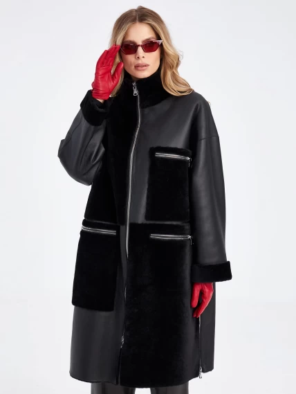 Комбинированное молодежное женское пальто из меховой овчины премиум класса 2044, черное, размер 48, артикул 63970-0