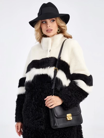 Комбинированное двустороннее женское пальто из натуральной овчины с мехом тиградо премиум класса 2032, белое, размер 42, артикул 63950-3