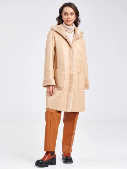 Женское классическое пальто с капюшоном из натуральной овчины премиум класса 2004, бежевое, размер 52, артикул 63810-5