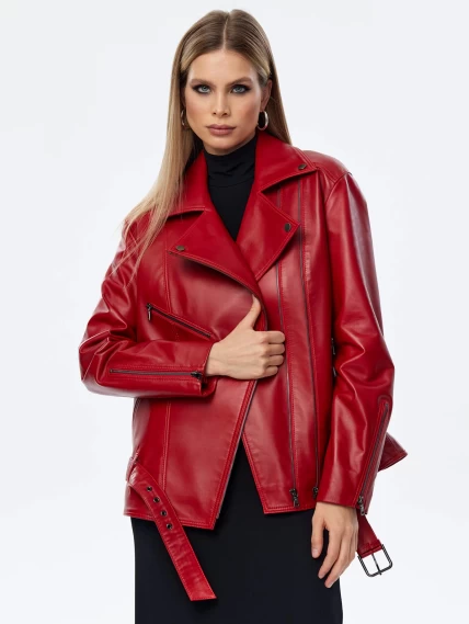 Кожаная женская куртка косуха с поясом 3013, красная, размер 48, артикул 91711-2