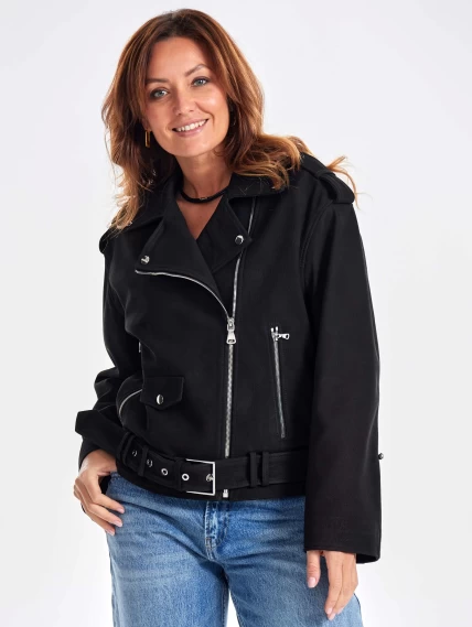 Короткая кожаная куртка косуха с поясом для женщин премиум класса 3052, черная, размер 44, артикул 23440-3