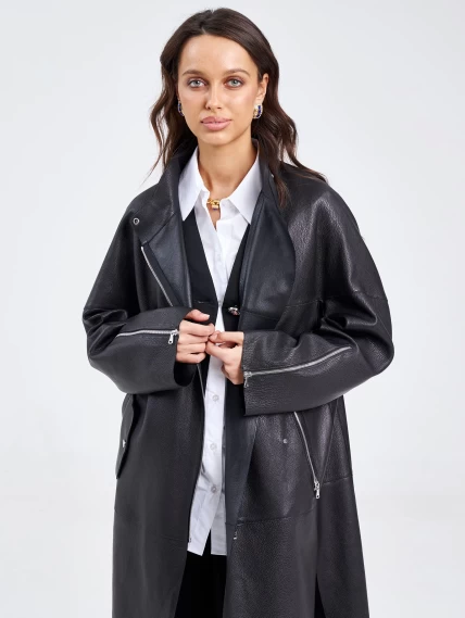 Женский кожаный плащ на молнии премиум класса 3041, черный, размер 46, артикул 91890-4