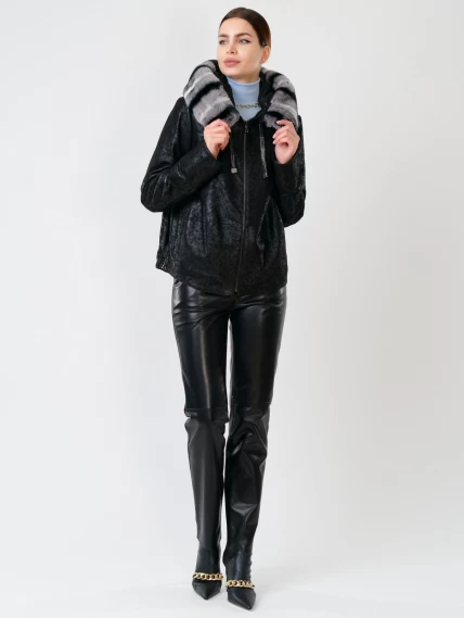 Короткая замшевая утепленная женская куртка с мехом "рекса" 308ш, черная, размер 46, артикул 90722-3