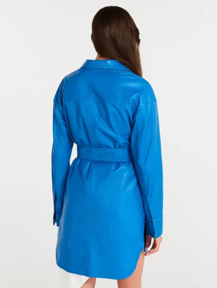 Кожаная женская рубашка с поясом из натуральной кожи 01, голубая, размер 46, артикул 90480-2