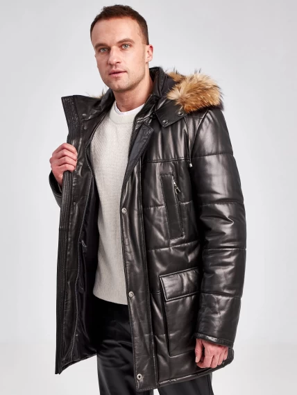 Кожаная утепленная мужская куртка аляска с капюшоном и мехом енота 5619, черная, размер 50, артикул 40970-3