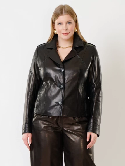 Короткая женская кожаная куртка пиджак 304, черная, размер 44, артикул 91213-2