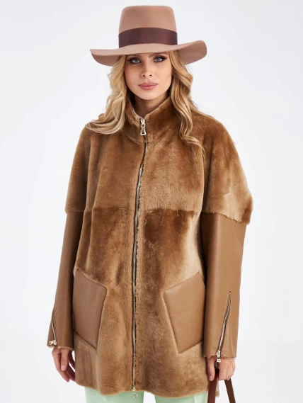 Молодежная женская куртка из овчины премиум класса 2035, коричневая, размер 46, артикул 63530-1