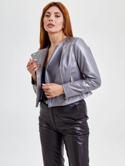 Кожаный комплект женский: Куртка 389 + Брюки 03, серый/черный, размер 42, артикул 111117-3