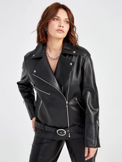 Кожаная женская куртка косуха с поясом 3013, черная, размер 48, артикул 91561-0