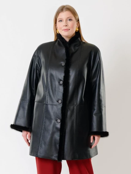 Утепленный женский кожаный плащ с норкой 312рс, черный, размер 58, артикул 23710-5