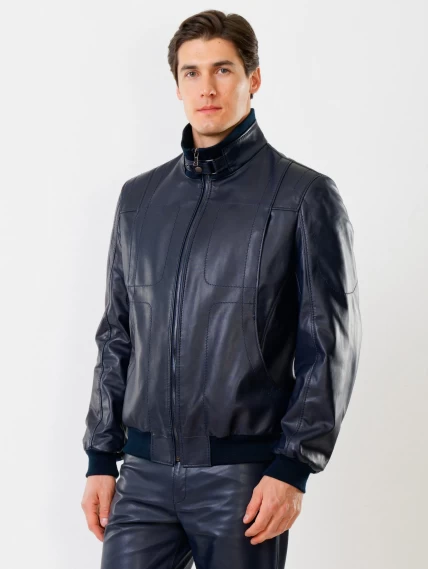 Кожаная куртка бомбер мужская премиум класса 521, синяя, размер 48, артикул 28641-6