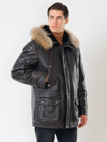 Утепленная мужская кожаная куртка аляска с мехом енота Алекс, коричневая, размер 52, артикул 40301-6