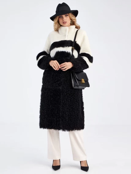 Комбинированное двустороннее женское пальто из натуральной овчины с мехом тиградо премиум класса 2032, белое, размер 42, артикул 63950-2