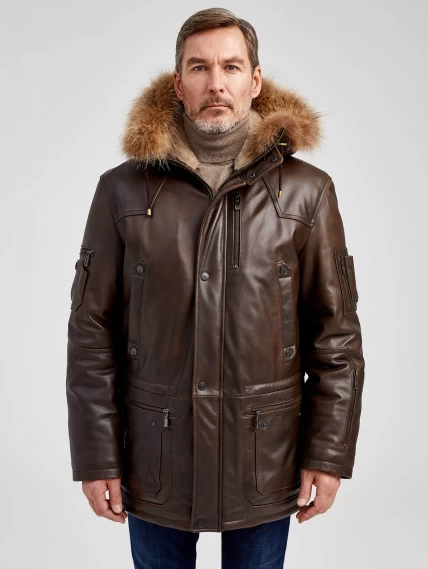 Утепленная мужская кожаная куртка аляска с мехом енота Алекс, светло-коричневая, размер 44, артикул 40450-1