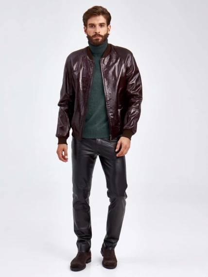 Короткая мужская кожаная куртка бомбер 535, коричневая, размер 50, артикул 29220-5