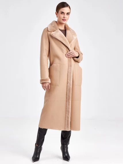 Классическое женское пальто из натуральной овчины премиум класса 2006, бежевое, размер 44, артикул 63700-1