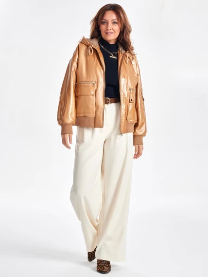 Женская утепленная куртка бомбер с капюшоном премиум класса 3075, бежевая, размер 44, артикул 25550-6