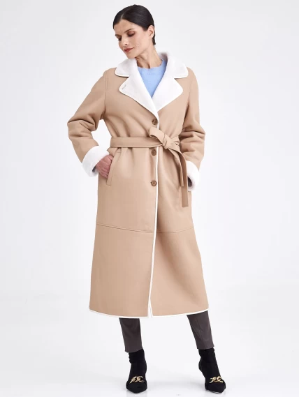 Классическое пальто из натуральной овчины с поясом премиум класса для женщин 2009, бежевое, размер 46, артикул 63740-0