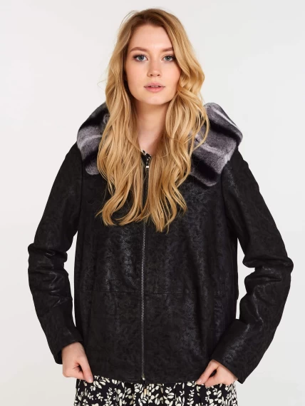 Короткая замшевая утепленная женская куртка с мехом "рекса" 308ш, черная, размер 46, артикул 23620-2