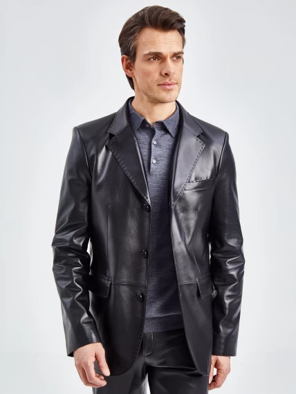 Мужской кожаный пиджак на ручном стежке премиум класса 543, черный, размер 48, артикул 27330-3