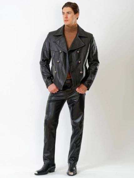 Кожаный комплект мужской: Куртка Клуб + Брюки 01, черный, размер 48, артикул 140210-1