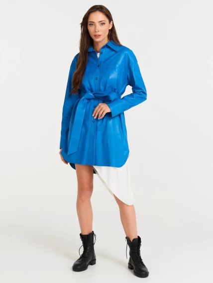 Кожаная женская рубашка с поясом из натуральной кожи 01, голубая, размер 46, артикул 90480-3