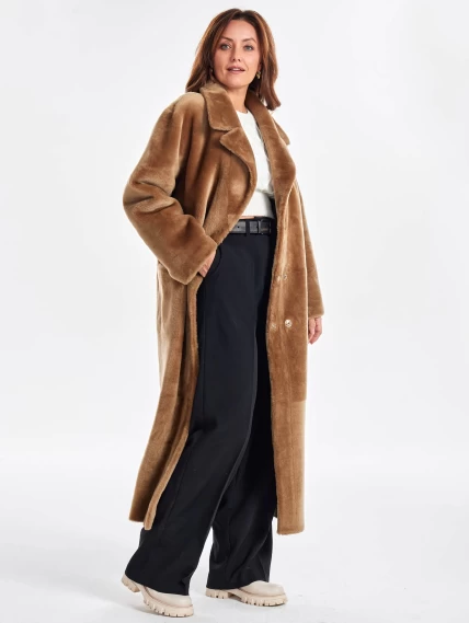 Двустороннее длинное женское пальто из овчины премиум класса 2030, коричневое, размер 46, артикул 63290-0