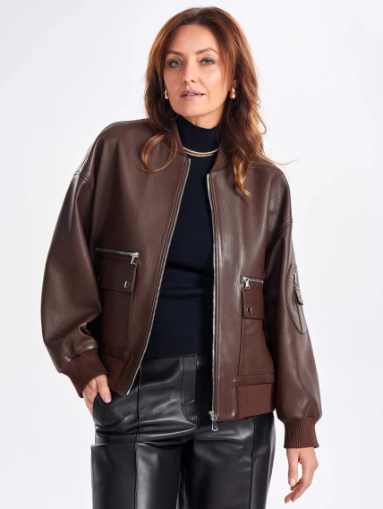 Короткая женская кожаная куртка бомбер премиум класса 3064, коричневая, размер 44, артикул 23760-3