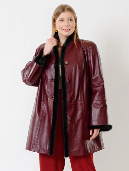 Утепленный женский кожаный плащ с норкой 312рс, бордовый, размер 50, артикул 23700-0