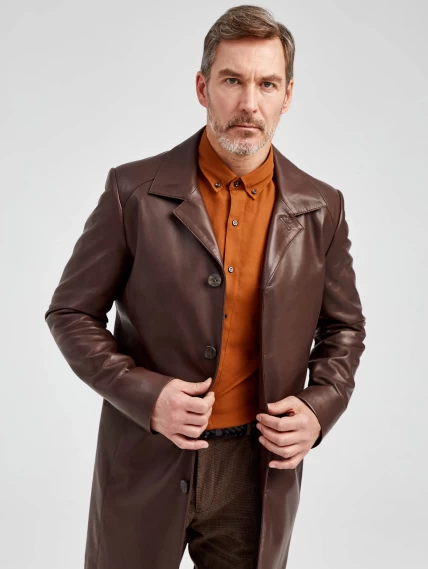 Удлиненный кожаный мужской пиджак премиум класса 539, коричневый, размер 48, артикул 29542-1