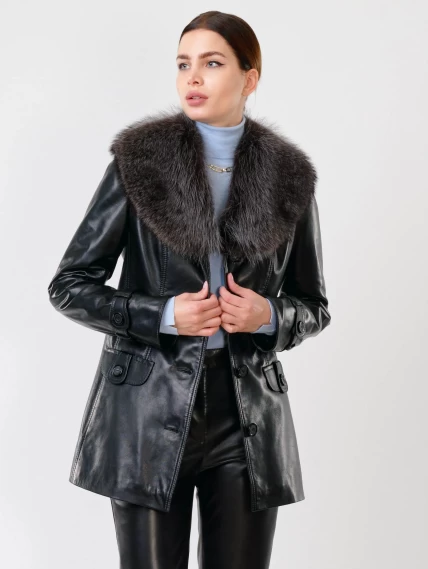Кожаная утепленная женская куртка с мехом енота 372ш, черная, размер 50, артикул 23650-0