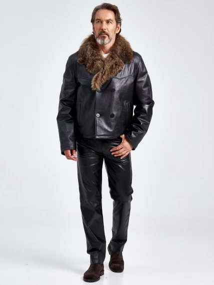 Зимняя двубортная мужская кожаная куртка с воротником меха енота Mafia/New, черная, размер 56, артикул 40810-1