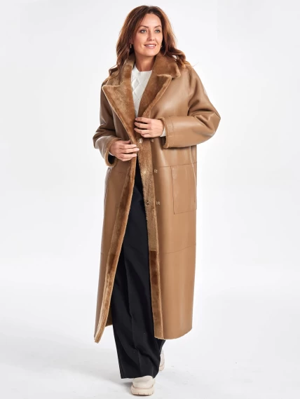 Двустороннее длинное женское пальто из овчины премиум класса 2030, коричневое, размер 46, артикул 63290-1