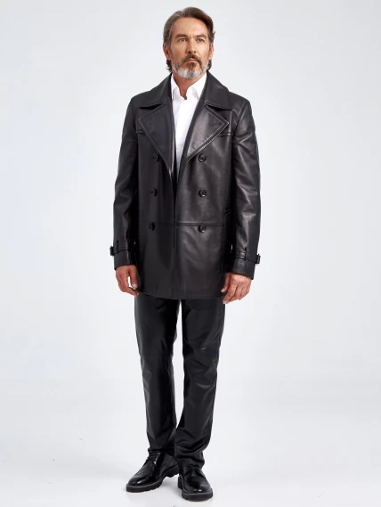 Двубортный мужской кожаный тренч на поясе 525, черный, размер 48, артикул 29060-1