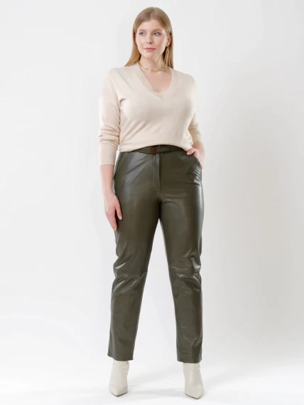 Кожаные прямые женские брюки из натуральной кожи 04, оливковые, размер 46, артикул 85530-0