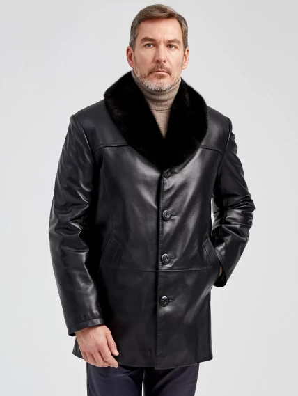 Мужская зимняя кожаная куртка с норковым воротником премиум класса 534мех, черная, размер 50, артикул 40492-1